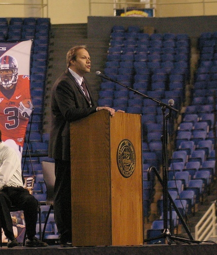 Coach Davis speaking at the 2008 East Coast Basketball Championships